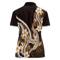 Orange Black Aloha Hawaii Women Polo Shirt Polynesian Shark Tattoo Plumeria