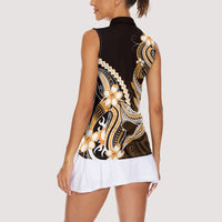 Orange Black Aloha Hawaii Women Sleeveless Polo Shirt Polynesian Shark Tattoo Plumeria