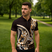 Orange Black Aloha Hawaii Zipper Polo Shirt Polynesian Shark Tattoo Plumeria LT14 - Polynesian Pride