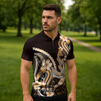 Orange Black Aloha Hawaii Zipper Polo Shirt Polynesian Shark Tattoo Plumeria LT14 - Polynesian Pride