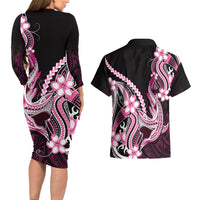 Pink Black Aloha Hawaii Couples Matching Long Sleeve Bodycon Dress and Hawaiian Shirt Polynesian Shark Tattoo Plumeria