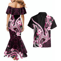 Pink Black Aloha Hawaii Couples Matching Mermaid Dress and Hawaiian Shirt Polynesian Shark Tattoo Plumeria