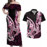 Pink Black Aloha Hawaii Couples Matching Off Shoulder Maxi Dress and Hawaiian Shirt Polynesian Shark Tattoo Plumeria