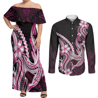 Pink Black Aloha Hawaii Couples Matching Off Shoulder Maxi Dress and Long Sleeve Button Shirt Polynesian Shark Tattoo Plumeria LT14 Pink - Polynesian Pride