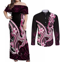 Pink Black Aloha Hawaii Couples Matching Off Shoulder Maxi Dress and Long Sleeve Button Shirt Polynesian Shark Tattoo Plumeria