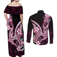 Pink Black Aloha Hawaii Couples Matching Off Shoulder Maxi Dress and Long Sleeve Button Shirt Polynesian Shark Tattoo Plumeria