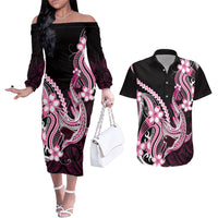 Pink Black Aloha Hawaii Couples Matching Off The Shoulder Long Sleeve Dress and Hawaiian Shirt Polynesian Shark Tattoo Plumeria