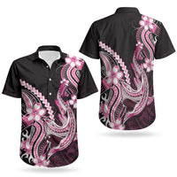 Pink Black Aloha Hawaii Couples Matching Off The Shoulder Long Sleeve Dress and Hawaiian Shirt Polynesian Shark Tattoo Plumeria LT14 - Polynesian Pride