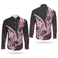 Pink Black Aloha Hawaii Couples Matching Off The Shoulder Long Sleeve Dress and Long Sleeve Button Shirt Polynesian Shark Tattoo Plumeria LT14 - Polynesian Pride