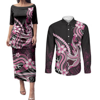 Pink Black Aloha Hawaii Couples Matching Puletasi and Long Sleeve Button Shirt Polynesian Shark Tattoo Plumeria LT14 Pink - Polynesian Pride