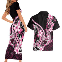 Pink Black Aloha Hawaii Couples Matching Short Sleeve Bodycon Dress and Hawaiian Shirt Polynesian Shark Tattoo Plumeria