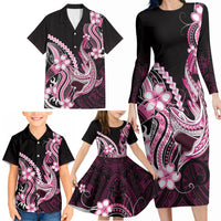 Pink Black Aloha Hawaii Family Matching Long Sleeve Bodycon Dress and Hawaiian Shirt Polynesian Shark Tattoo Plumeria LT14 - Polynesian Pride