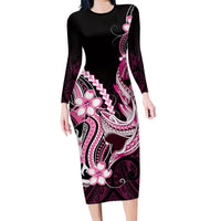 Pink Black Aloha Hawaii Family Matching Long Sleeve Bodycon Dress and Hawaiian Shirt Polynesian Shark Tattoo Plumeria