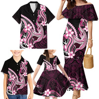 Pink Black Aloha Hawaii Family Matching Mermaid Dress and Hawaiian Shirt Polynesian Shark Tattoo Plumeria