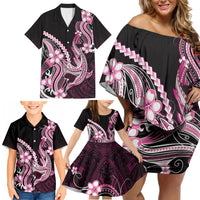 Pink Black Aloha Hawaii Family Matching Off Shoulder Short Dress and Hawaiian Shirt Polynesian Shark Tattoo Plumeria LT14 - Polynesian Pride
