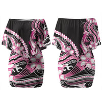 Pink Black Aloha Hawaii Family Matching Off Shoulder Short Dress and Hawaiian Shirt Polynesian Shark Tattoo Plumeria LT14 Mom's Dress Pink - Polynesian Pride