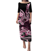 Pink Black Aloha Hawaii Family Matching Puletasi and Hawaiian Shirt Polynesian Shark Tattoo Plumeria