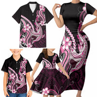 Pink Black Aloha Hawaii Family Matching Short Sleeve Bodycon Dress and Hawaiian Shirt Polynesian Shark Tattoo Plumeria LT14 - Polynesian Pride
