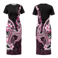 Pink Black Aloha Hawaii Family Matching Short Sleeve Bodycon Dress and Hawaiian Shirt Polynesian Shark Tattoo Plumeria LT14 Mom's Dress Pink - Polynesian Pride