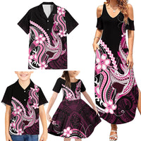 Pink Black Aloha Hawaii Family Matching Summer Maxi Dress and Hawaiian Shirt Polynesian Shark Tattoo Plumeria