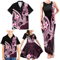 Pink Black Aloha Hawaii Family Matching Tank Maxi Dress and Hawaiian Shirt Polynesian Shark Tattoo Plumeria