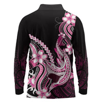 Pink Black Aloha Hawaii Long Sleeve Polo Shirt Polynesian Shark Tattoo Plumeria