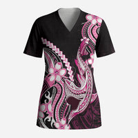 Pink Black Aloha Hawaii Scrub Top Polynesian Shark Tattoo Plumeria