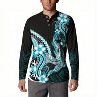 Blue Black Aloha Hawaii Button Sweatshirt Polynesian Shark Tattoo Plumeria