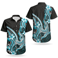 Blue Black Aloha Hawaii Couples Matching Off Shoulder Maxi Dress and Hawaiian Shirt Polynesian Shark Tattoo Plumeria LT14 - Polynesian Pride
