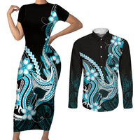 Blue Black Aloha Hawaii Couples Matching Short Sleeve Bodycon Dress and Long Sleeve Button Shirt Polynesian Shark Tattoo Plumeria