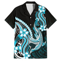 Blue Black Aloha Hawaii Family Matching Long Sleeve Bodycon Dress and Hawaiian Shirt Polynesian Shark Tattoo Plumeria