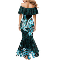 Blue Black Aloha Hawaii Family Matching Mermaid Dress and Hawaiian Shirt Polynesian Shark Tattoo Plumeria