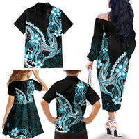 Blue Black Aloha Hawaii Family Matching Off The Shoulder Long Sleeve Dress and Hawaiian Shirt Polynesian Shark Tattoo Plumeria