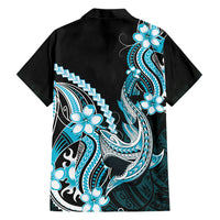 Blue Black Aloha Hawaii Family Matching Off The Shoulder Long Sleeve Dress and Hawaiian Shirt Polynesian Shark Tattoo Plumeria