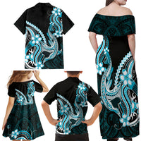 Blue Black Aloha Hawaii Family Matching Off Shoulder Maxi Dress and Hawaiian Shirt Polynesian Shark Tattoo Plumeria LT14 Mom's Dress Blue - Polynesian Pride