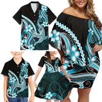 Blue Black Aloha Hawaii Family Matching Off Shoulder Short Dress and Hawaiian Shirt Polynesian Shark Tattoo Plumeria