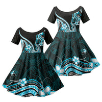 Blue Black Aloha Hawaii Family Matching Off Shoulder Short Dress and Hawaiian Shirt Polynesian Shark Tattoo Plumeria LT14 Daughter's Dress Blue - Polynesian Pride