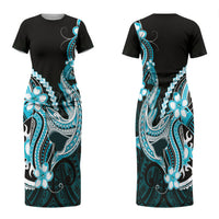 Blue Black Aloha Hawaii Family Matching Short Sleeve Bodycon Dress and Hawaiian Shirt Polynesian Shark Tattoo Plumeria LT14 Mom's Dress Blue - Polynesian Pride