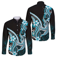 Blue Black Aloha Hawaii Family Matching Short Sleeve Bodycon Dress and Hawaiian Shirt Polynesian Shark Tattoo Plumeria LT14 Dad's Shirt - Long Sleeve Blue - Polynesian Pride