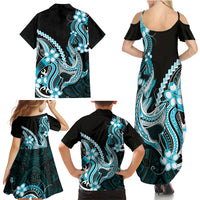 Blue Black Aloha Hawaii Family Matching Summer Maxi Dress and Hawaiian Shirt Polynesian Shark Tattoo Plumeria LT14 Mom's Dress Blue - Polynesian Pride