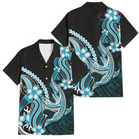Blue Black Aloha Hawaii Family Matching Tank Maxi Dress and Hawaiian Shirt Polynesian Shark Tattoo Plumeria LT14 Dad's Shirt - Short Sleeve Blue - Polynesian Pride