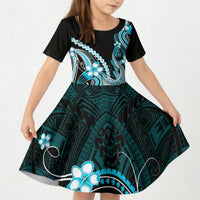 Blue Black Aloha Hawaii Kid Short Sleeve Dress Polynesian Shark Tattoo Plumeria LT14 KID Blue - Polynesian Pride