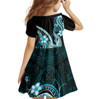 Blue Black Aloha Hawaii Kid Short Sleeve Dress Polynesian Shark Tattoo Plumeria