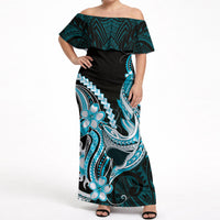 Blue Black Aloha Hawaii Off Shoulder Maxi Dress Polynesian Shark Tattoo Plumeria LT14 Women Blue - Polynesian Pride