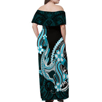 Blue Black Aloha Hawaii Off Shoulder Maxi Dress Polynesian Shark Tattoo Plumeria LT14 - Polynesian Pride