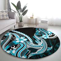 Blue Black Aloha Hawaii Round Carpet Polynesian Shark Tattoo Plumeria