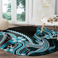 Blue Black Aloha Hawaii Round Carpet Polynesian Shark Tattoo Plumeria