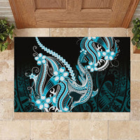 Blue Black Aloha Hawaii Rubber Doormat Polynesian Shark Tattoo Plumeria