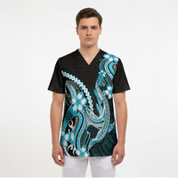 Blue Black Aloha Hawaii Scrub Top Polynesian Shark Tattoo Plumeria