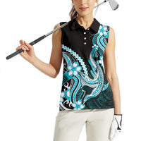 Blue Black Aloha Hawaii Women Sleeveless Polo Shirt Polynesian Shark Tattoo Plumeria